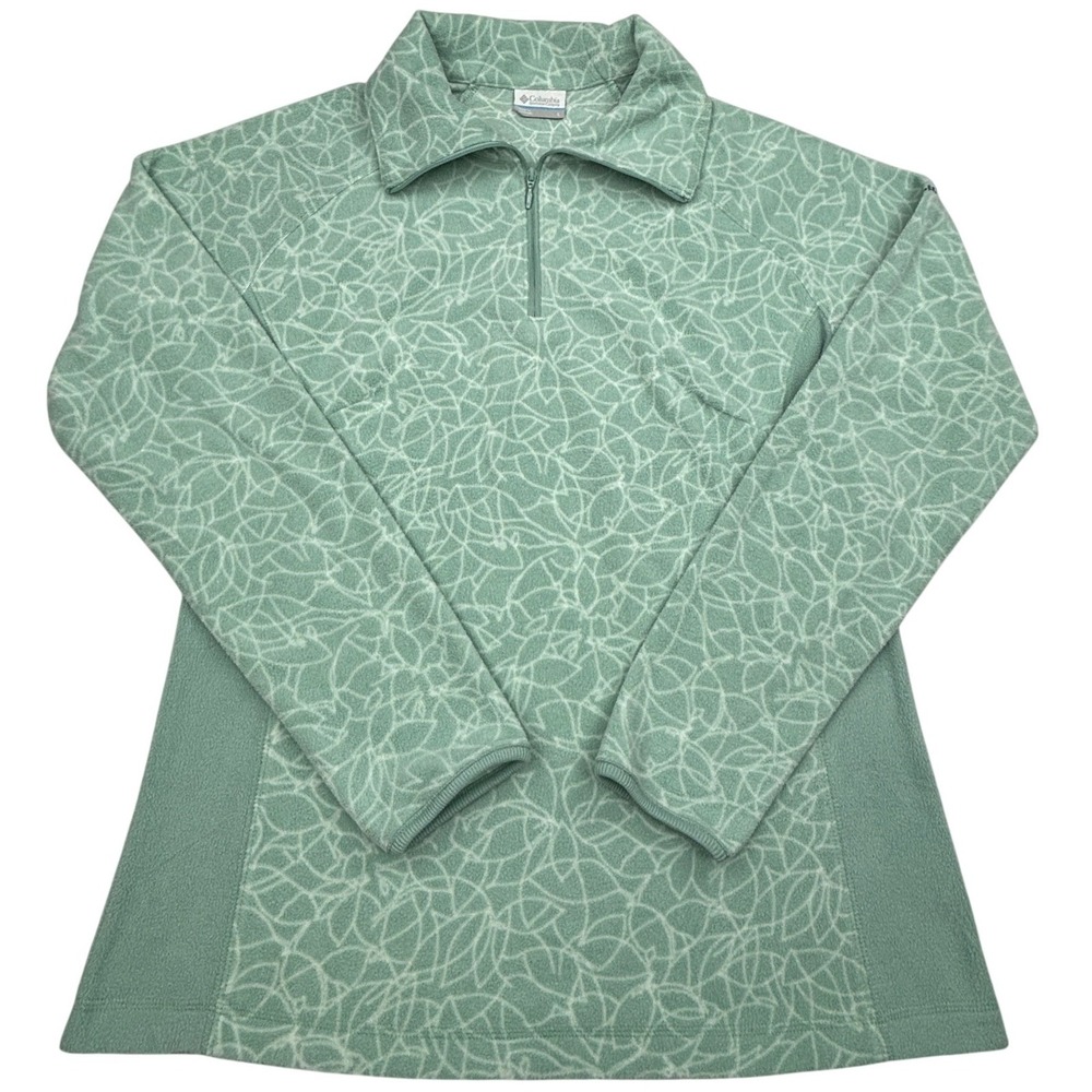Columbia Womens L Sage Green Leaf Print Quarter Zip Fleece Pullover Jacket Large